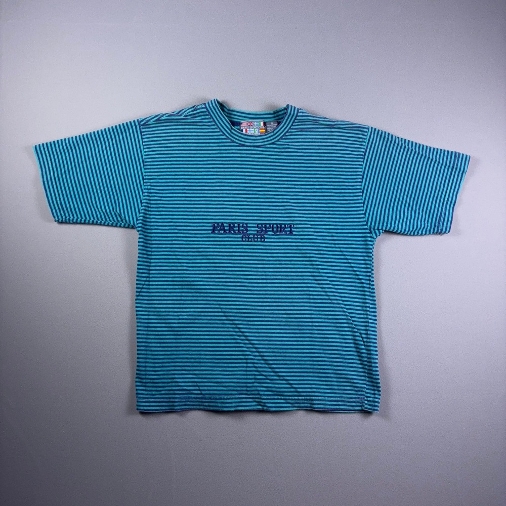 Vintage 90s Paris Sport Club Striped T-Shirt Mens Small Teal Navy Cotton Korea